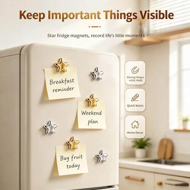 Silver Star Magnetic Push Pins 5Pcs Fridge Magnet Sticker Photo Wall Holder for Whiteboard Notice Board Home Office Decor