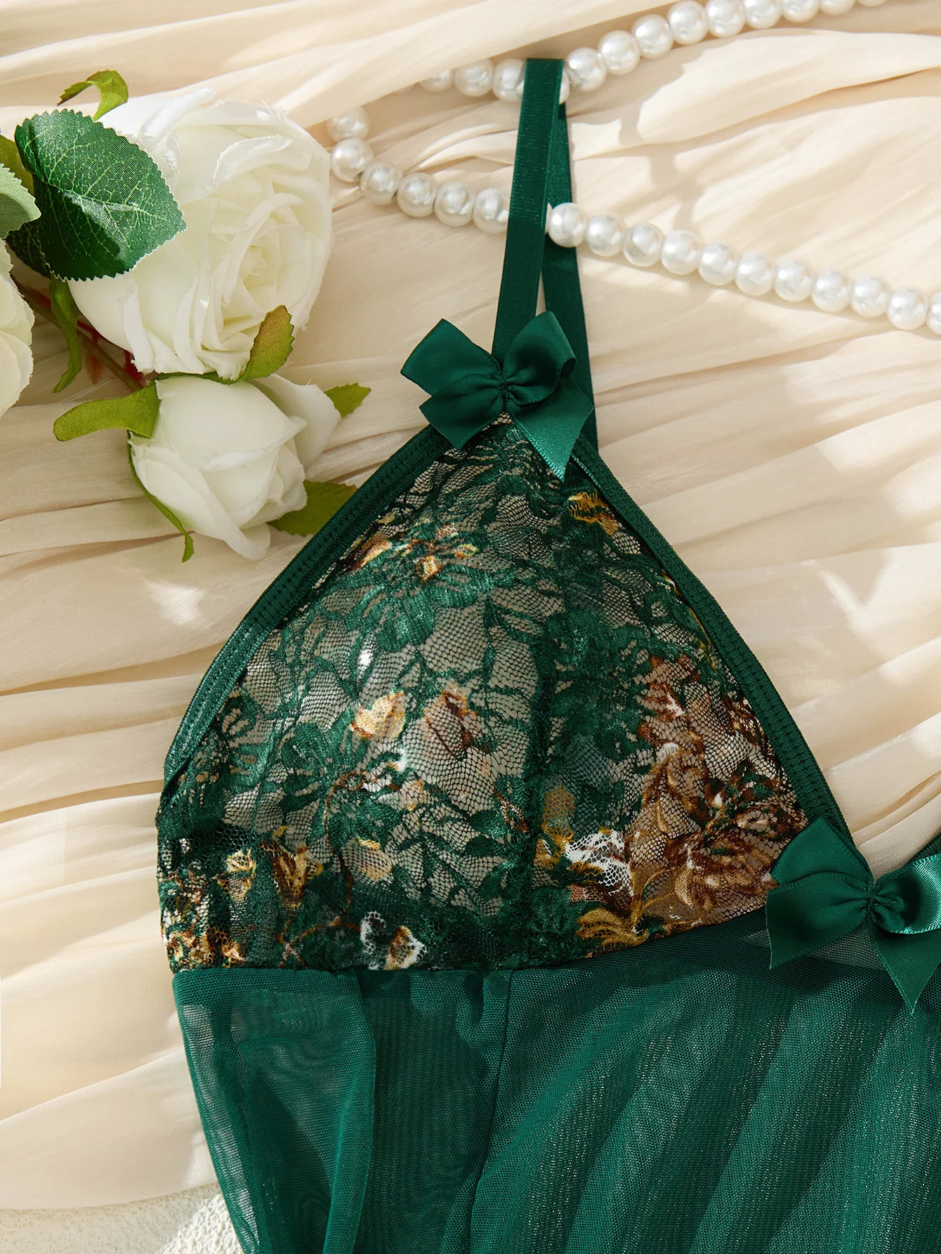 Women Dark Green Floral Lace Babydoll Nightgown Bow Decor Sheer Mesh Sleep Dress With Matching Thong Lingerie Set ZA825071 view 4