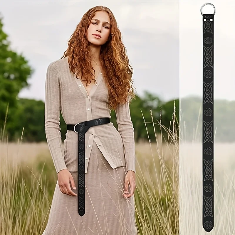 1pc Medieval Embossed Belt, PU Leather O-Ring Belt, Vintage Renaissance Knight Style Belt, Viking War Costume Accessory - view 2