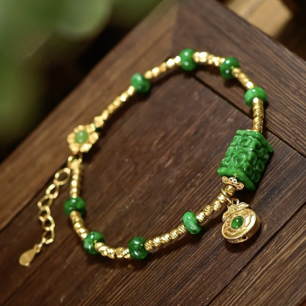Natural A-grade Dry Green Jade Carved Bracelet, S925 Gold Plated Money Bag Charm, Chinese Vintage Bracelet