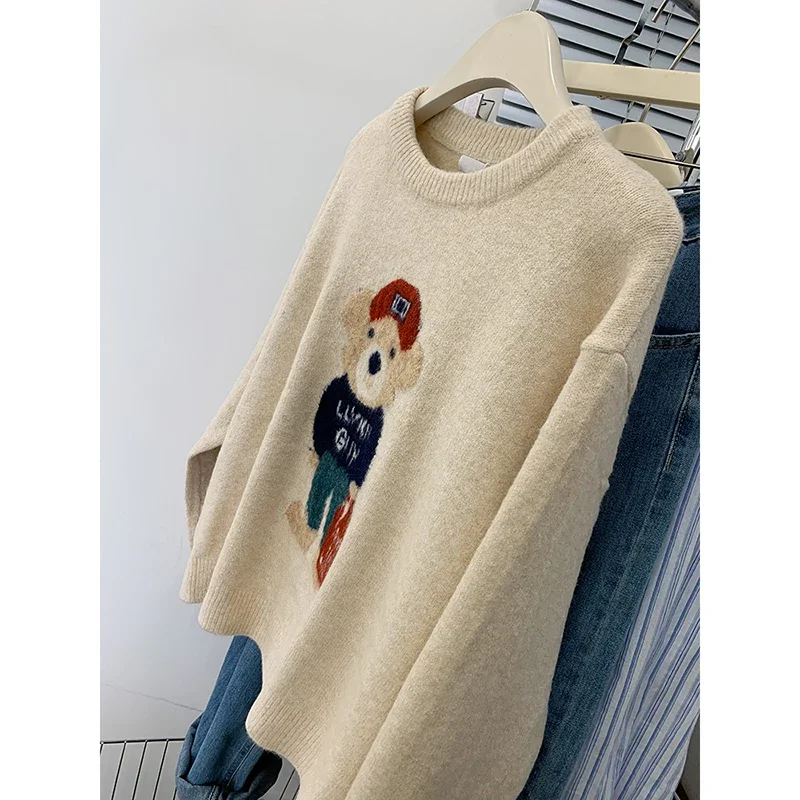 Sweet Vintage Knitting Long Sleeve Casual Pullovers Women\'s 2024 Autumn Winter Fashion Round Neck Bear Appliques Loose Sweater