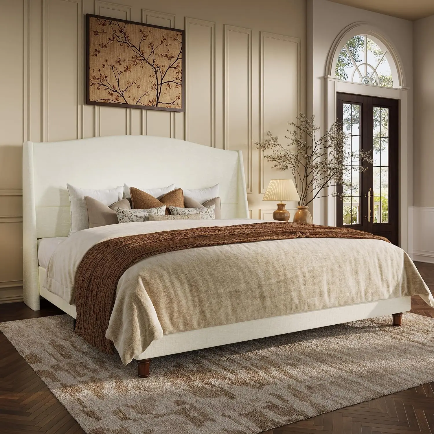 Bed Frame with Retro Wooden Legs, Soft White, Customized image 3
