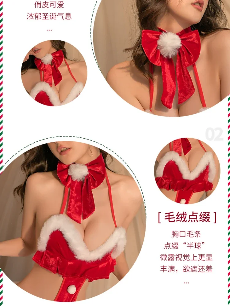 Sexy Lingerie Christmas Cosplay Rabbit Maid Uniform Velvet Porno Open Crotch Bodysuit Bow Catsuiteddies Roleplay Erotic Outfits