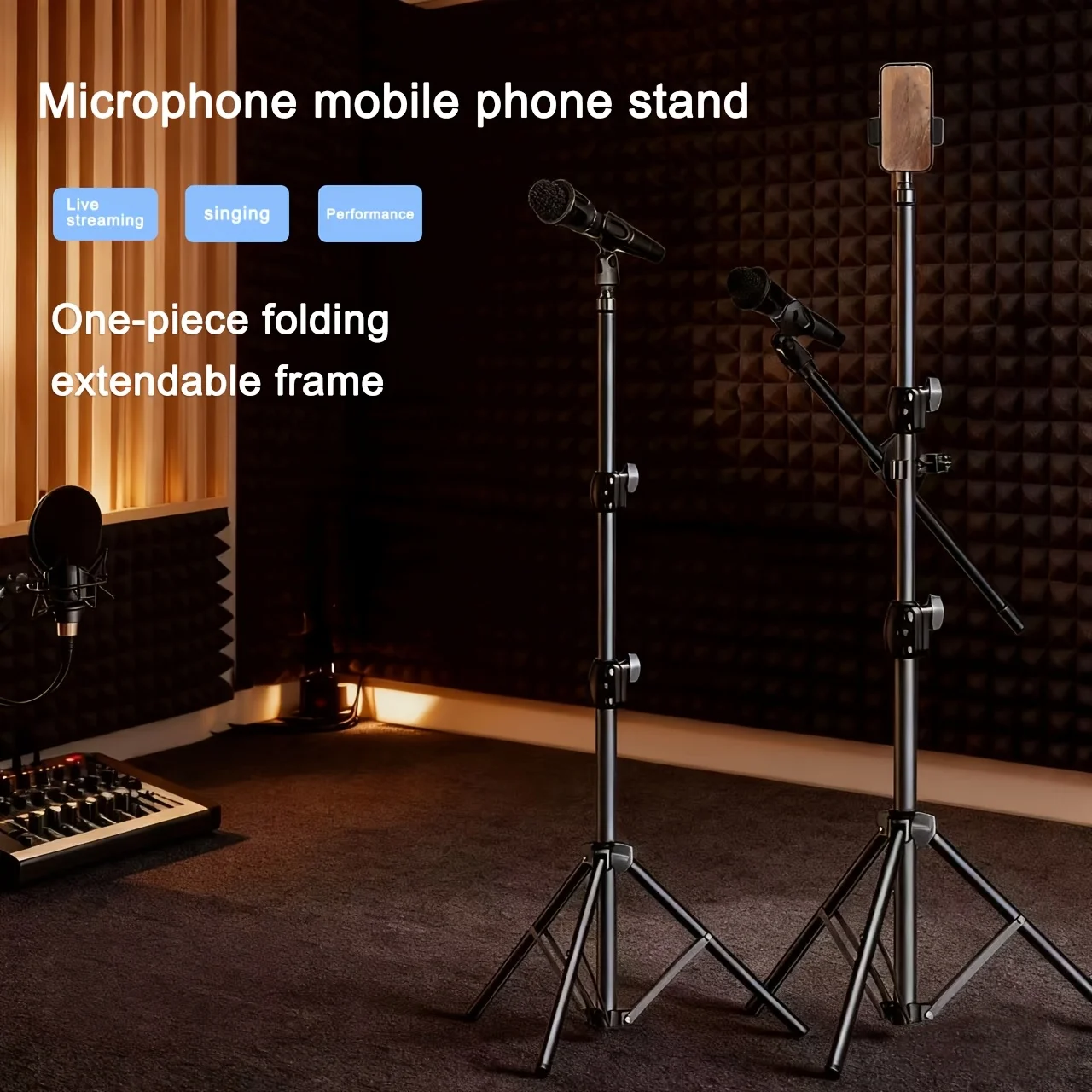 Floor-Standing Microphone Tripod Stand | Adjustable Phone Holder | Carbon Steel and ABS Microphone Stand | Height-Adjustable