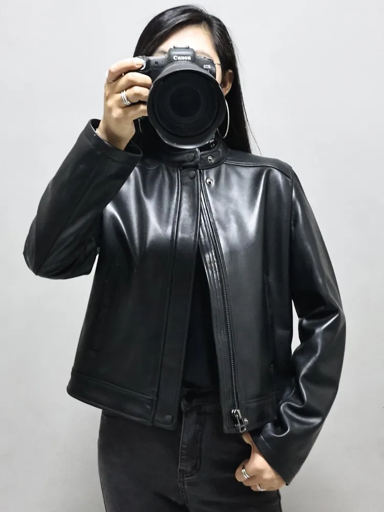 Spring Autumn Women Motorcycle Biker Sheepskin Genuine Leather Jacket Stand Collar Loose Fit Short Style Coat Punk Style Outwear