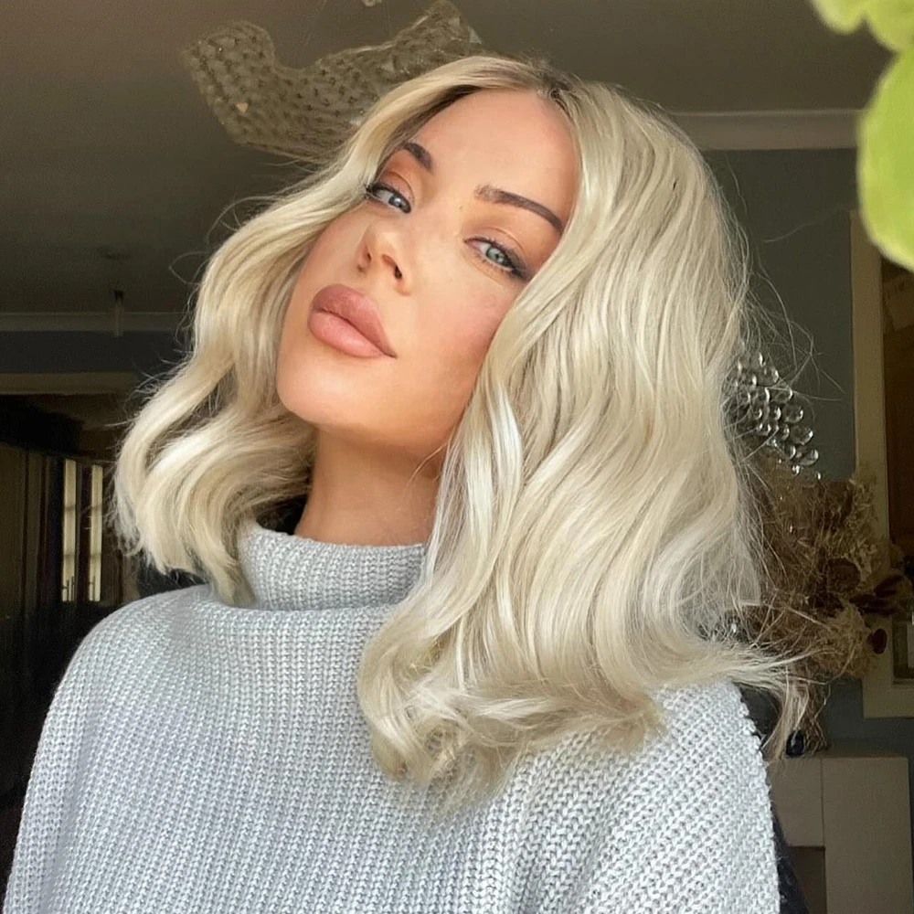 

Парик Icy Platinum Blonde Lace Front 13x4, короткий женский парик без клея, с натуральными волнами, термостойкий, синтетический, в стиле боб, с темными корнями