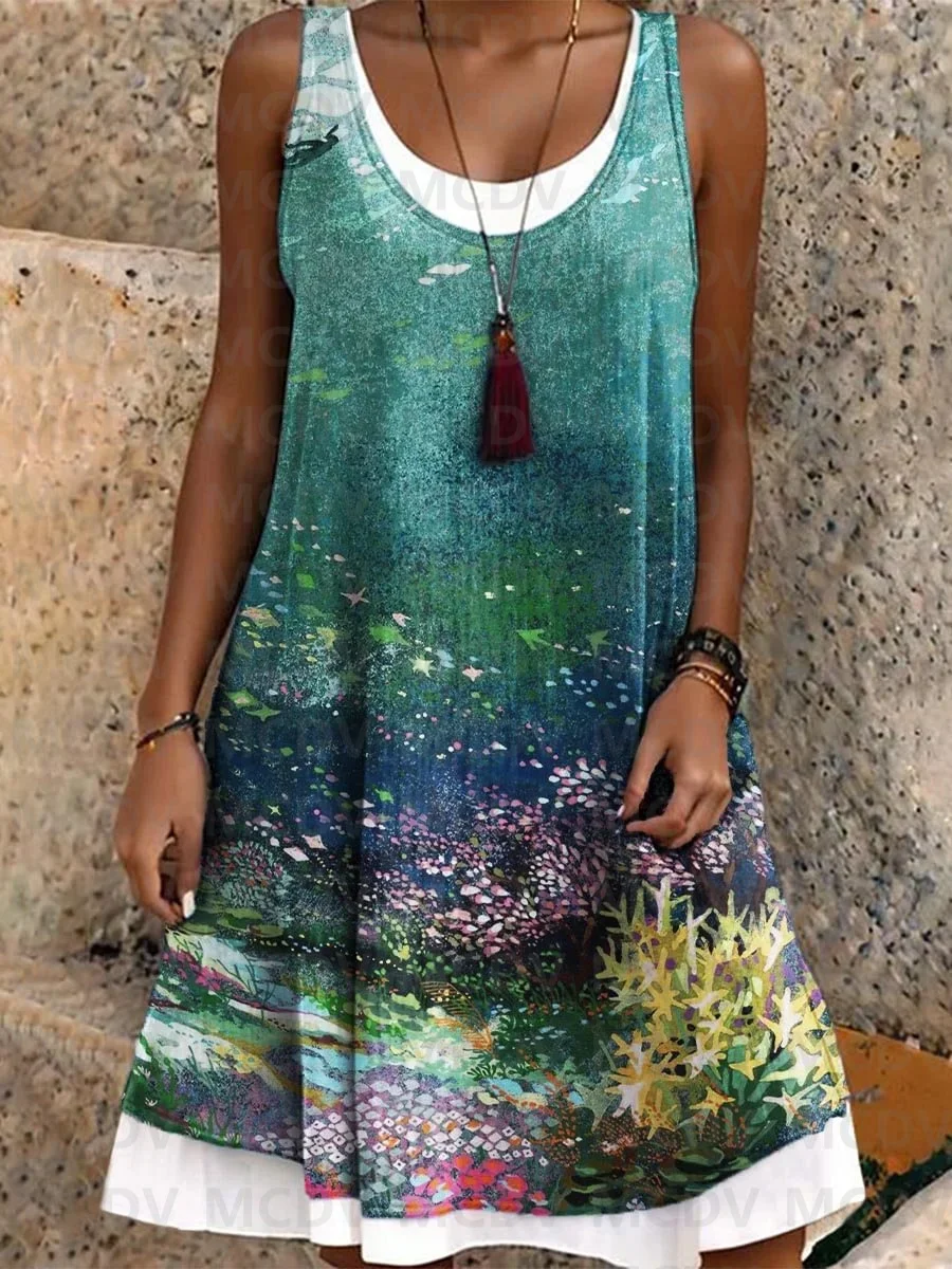 

Women's Vacation Casual Loose Splicing Watercolor Undersea Coral Art Print Dress