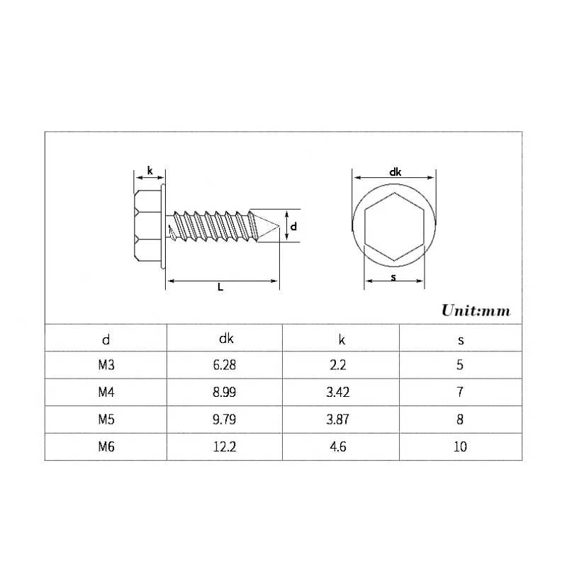 304 Stainless Steel A2-70 Phillips Hex Flange Head Self-Tapping Screws M3 M4 M5 M6 Wood Screws for Furniture DIY Fasteners