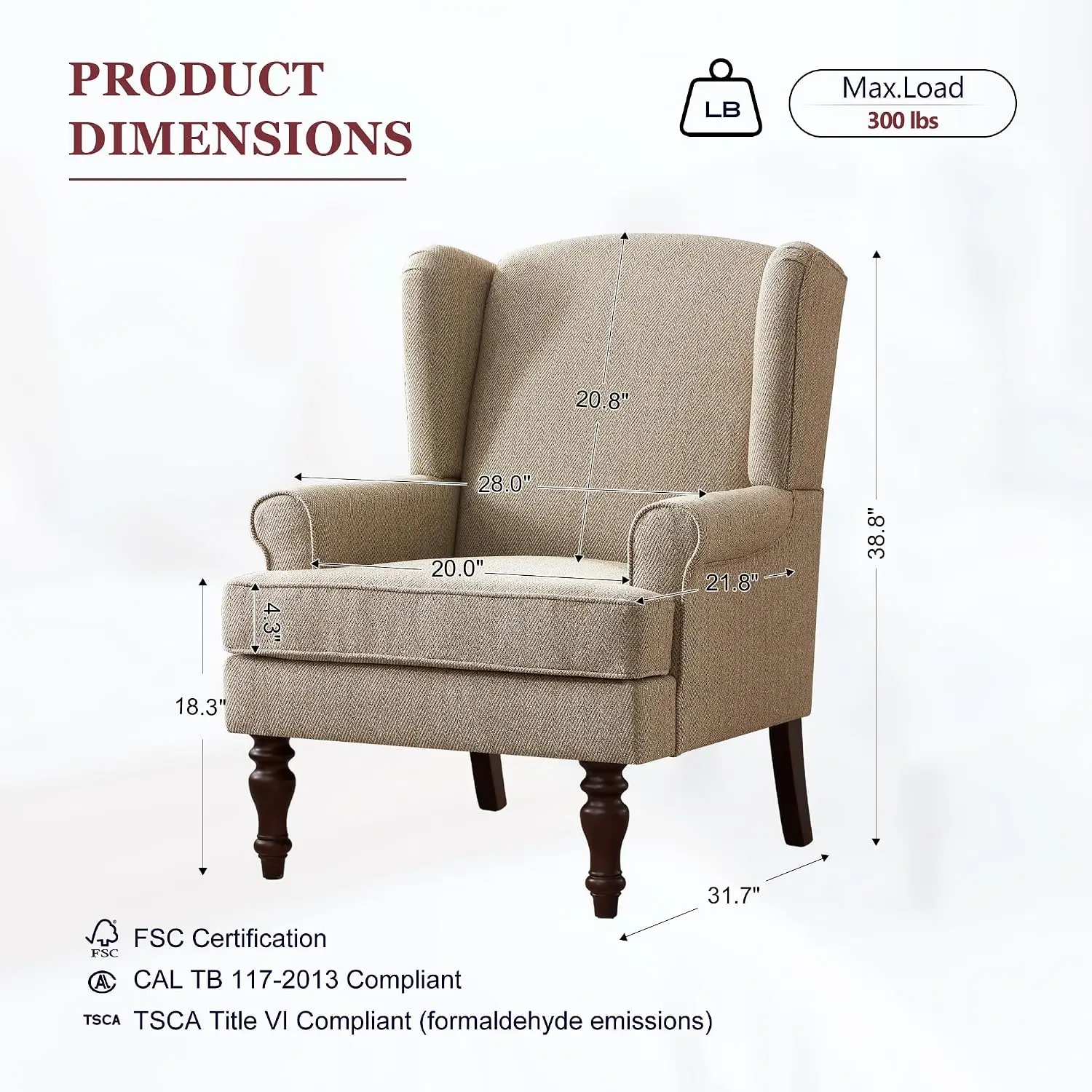 Printed Wingback Accent Chair, Linen Upholstered High Back Armchair, Comfy Reading Chair for Living Room Bedroom Study, 300lbs