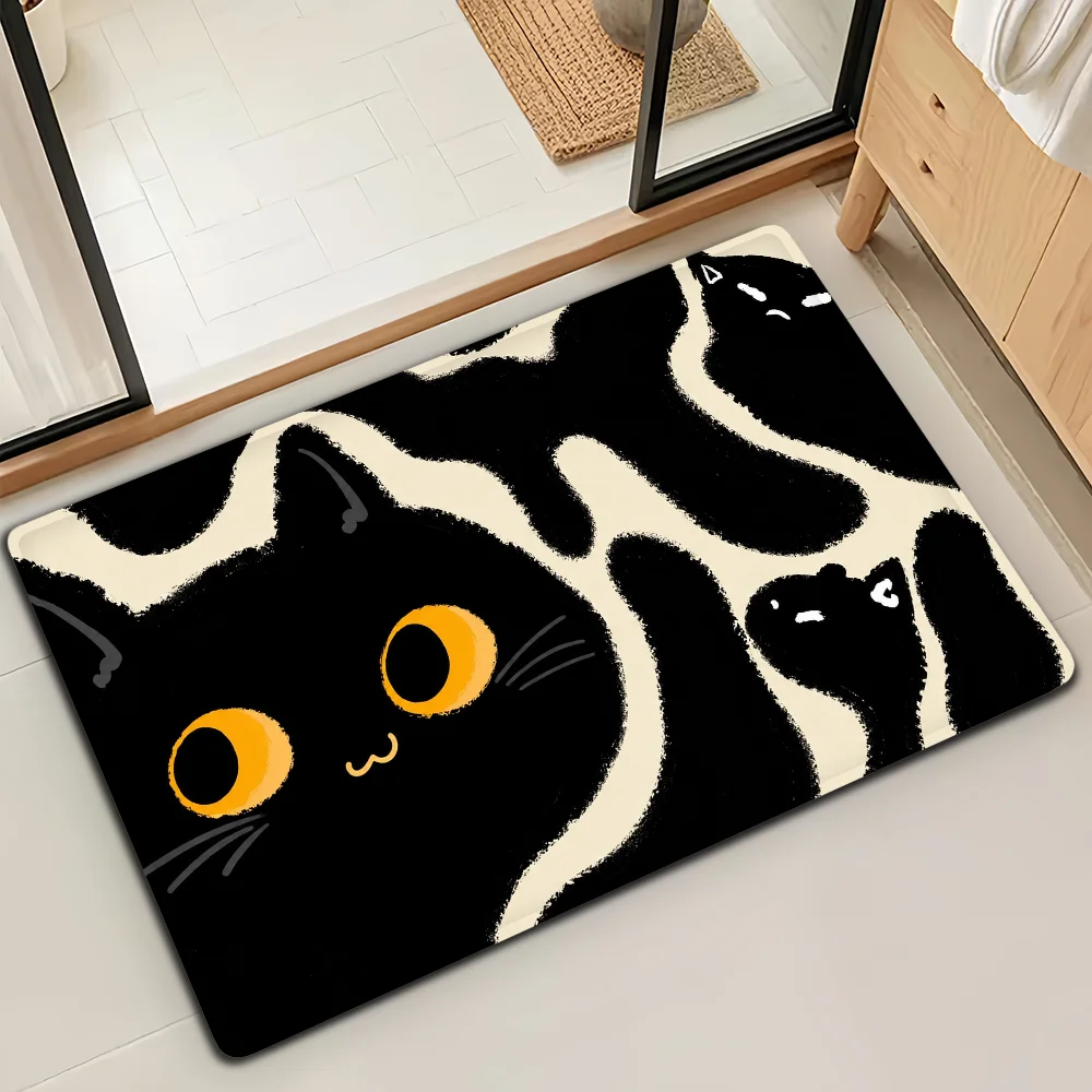 Art Black Cat line cat Door Mat Bath Microfiber Decorative Versatile Flannel Floor Mat Quick Dry Absorbent Non-slip Sole