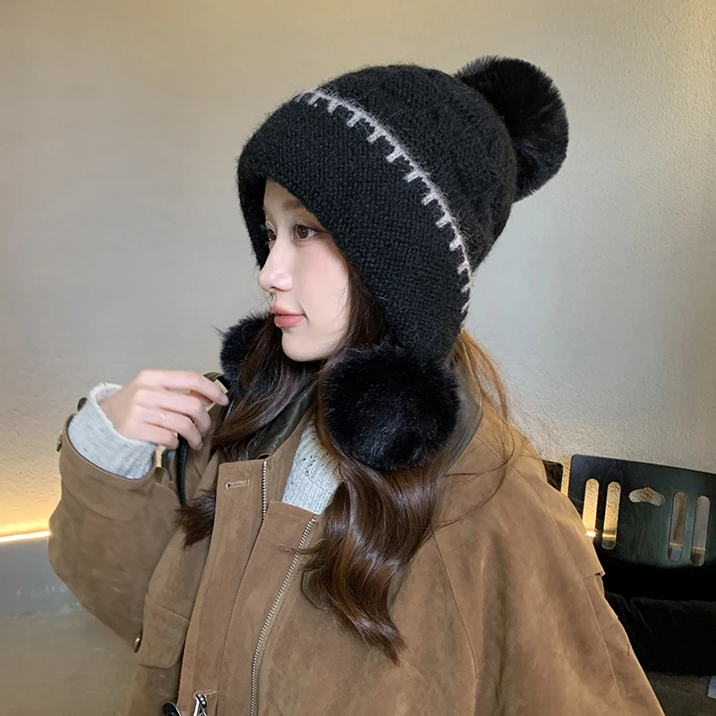 

Женские зимние теплые шапки, модная уличная вязаная шапка, женская красивая шапка с меховым шариком