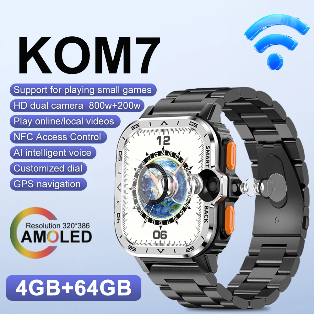 

XUESEVEN KOM7 4G Dual SIM Smart Watch Android 8.1 WIFI GPS Google Play Heart Rate Monitor Men Women Sports Smart Watches 4+64GB