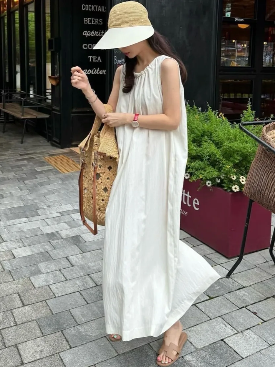 

Chic Summer Lazy Sle round Ne Pleated Waist Design Loose Casual Svel Vest Dr Casual Spring Autumn Pure Color