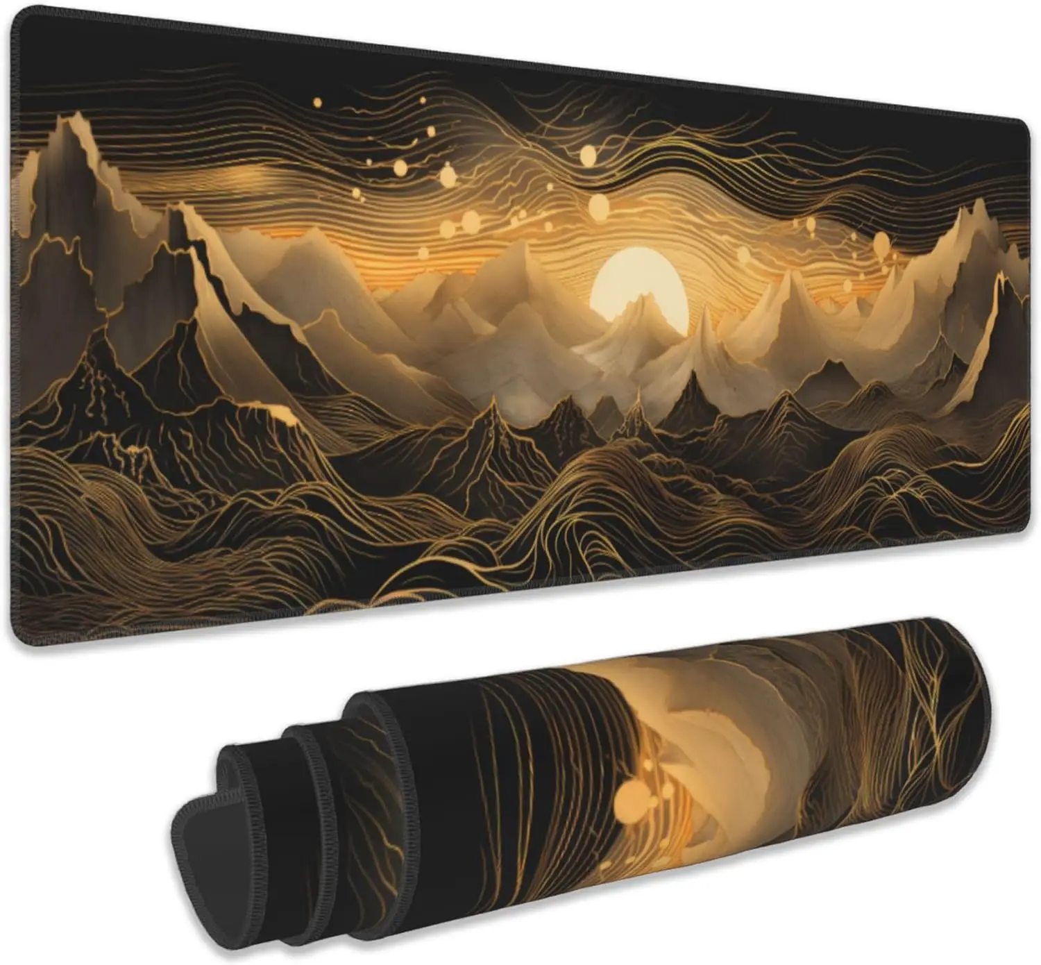 

Black Gold Mountains Landscape Gaming Large 31.5"x11.8" Inch Art Desk Mat with Non-Slip Base Stitched Edge for Home Office Work