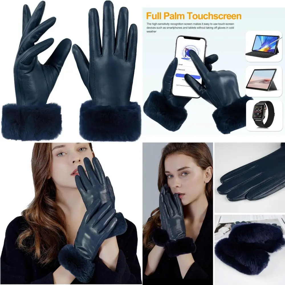 

Women's Rabbit Fur Cuff Leather Gloves with Touchscreen Feature for Warm Winter Driving and Multicolor Options