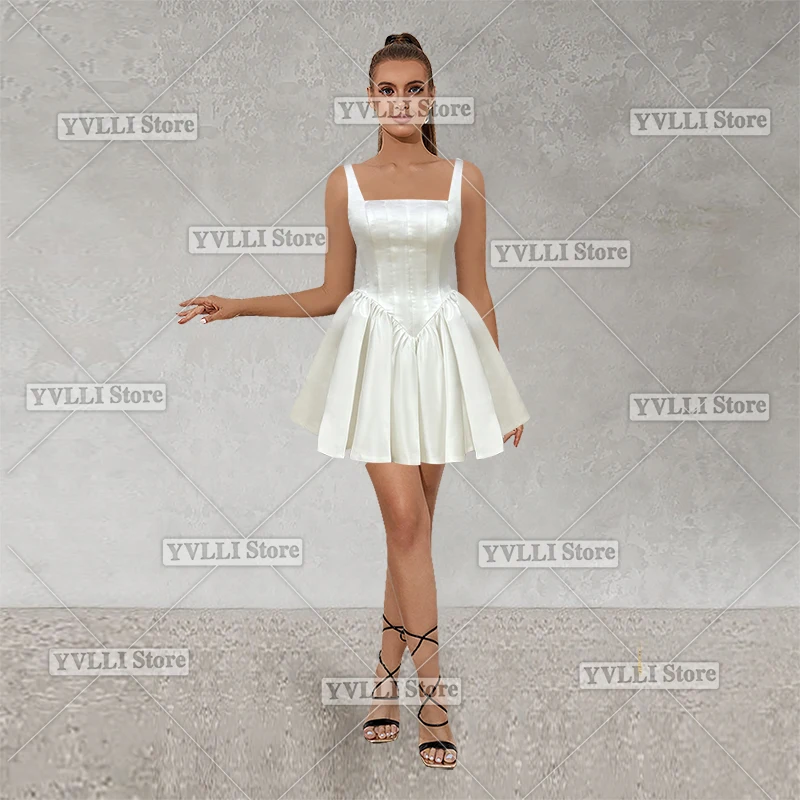 

Satin Mini Ball GownA-Line Square Neckline Backless Above Knee's Wedding Dresses for Party Banquet Holiday Beach Dress