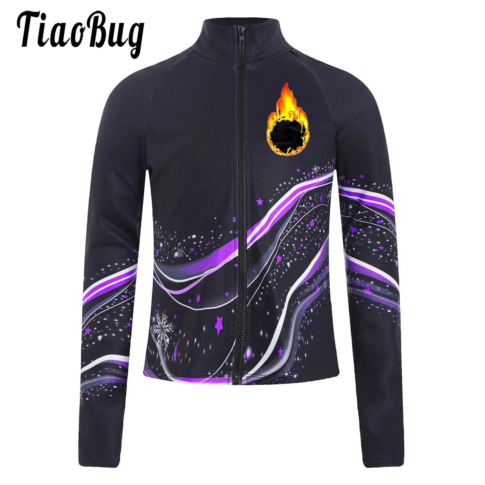 Kids Girls Winter Figure Skating Gymnastics Costume Sweatshirt Stand Collar Long Sleeve Print Jacket for Dance Practice Workout