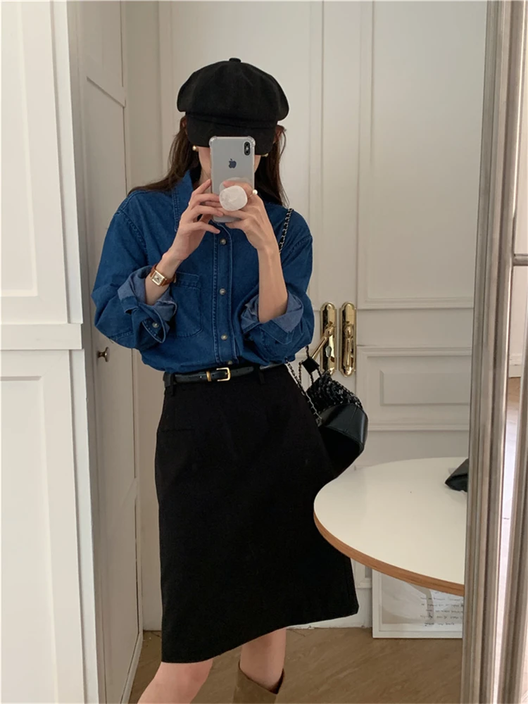 Women Blouse Female Shirt Summer Womens Blouses Spring Maxi Blusas Casual Cowboy Vintage Long Sleeve Denim Oversize Loose Blue