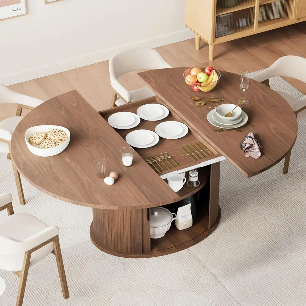 63 Walnut Expandable Oval Dining Table with 2-Tier Storage for 4-6 People