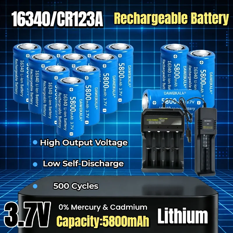 

Original 16340 CR123A 3.7V Li-ion Rechargeable Battery with Charger, for Flashlights, Laser Sights, Solar Lights & More