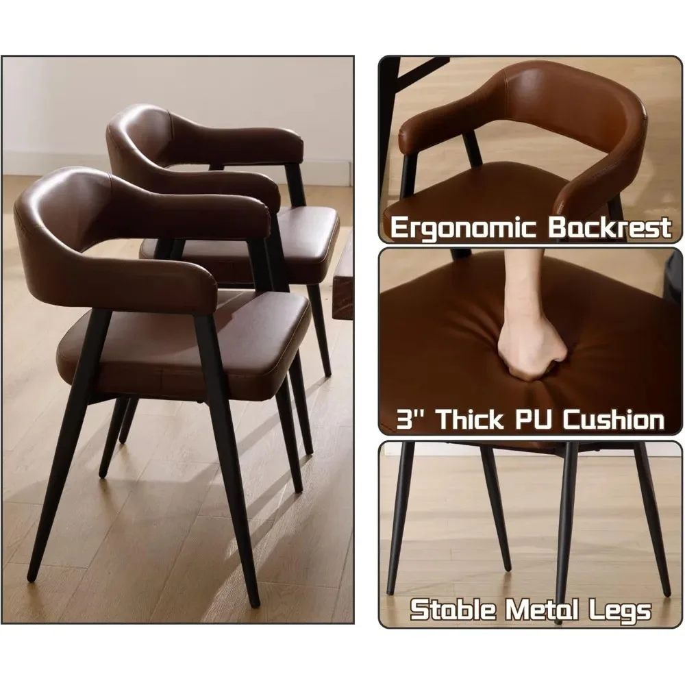 مجموعة كراسي بذراعين لغرفة الطعام الحديثة مكونة من 2، كراسي طعام منجدة من الجلد الصناعي القديم مع أذرع لهجة بنية في منتصف القرن #4