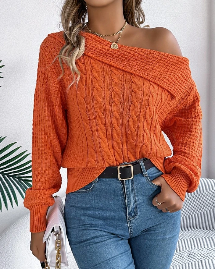 Women's Elegant Pullover 2024 Autumn Winter Latest Style Skew Neck Long Sleeve Cable Knit Sweater Solid Color High Stretch Top