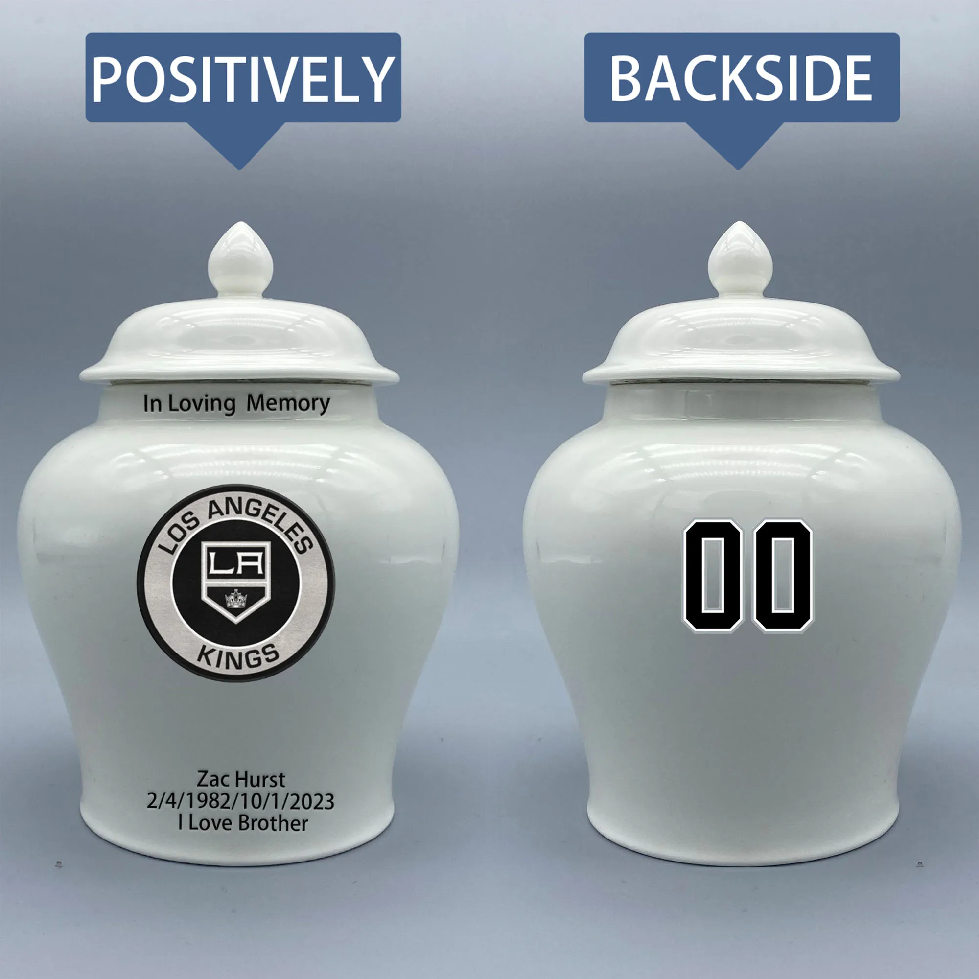 

Medium Urn for Los Angeles Kings-themed Hockey Urn.Please send me the customize information-name/date and number on the urn