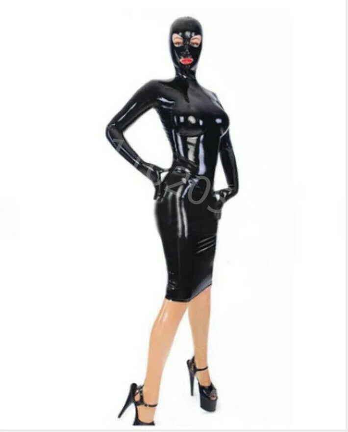 

Handmade Natural Latex gummi long sleeve dress with hood gloves summer dress latex 0.4mm back zipper custom made