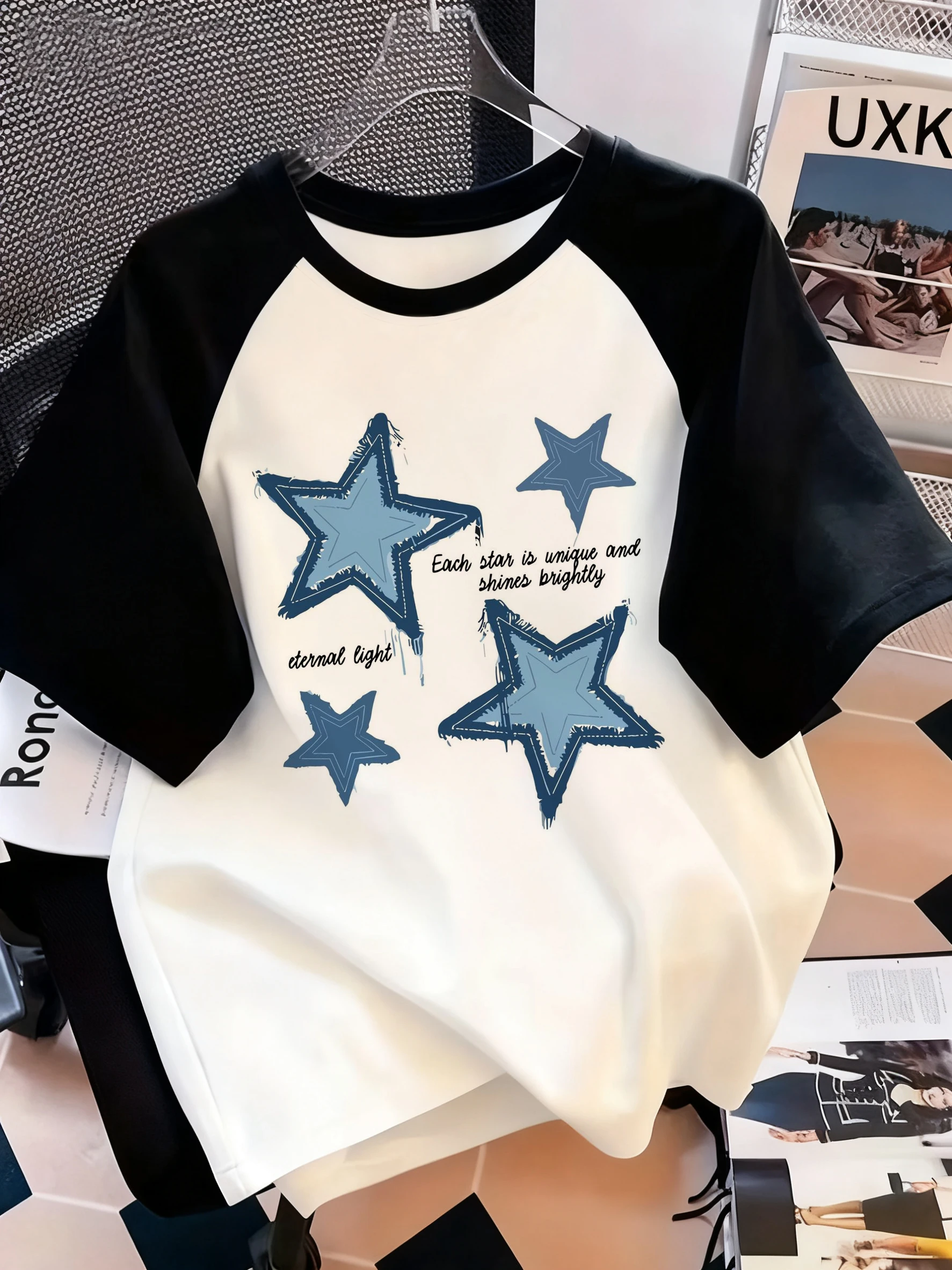 Y2K Hip Hop Blue Star Print Letter Print Crew Neck T-Shirt Casual Short Sleeve Top for Spring Summer Women's Clothing