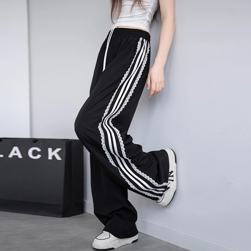 Korean Lace Patchwork Women's Trousers, Side Stripe Webbing Wide-Leg Pants, Casual Baggy Sweatpants, Women's Pants Trend 2026