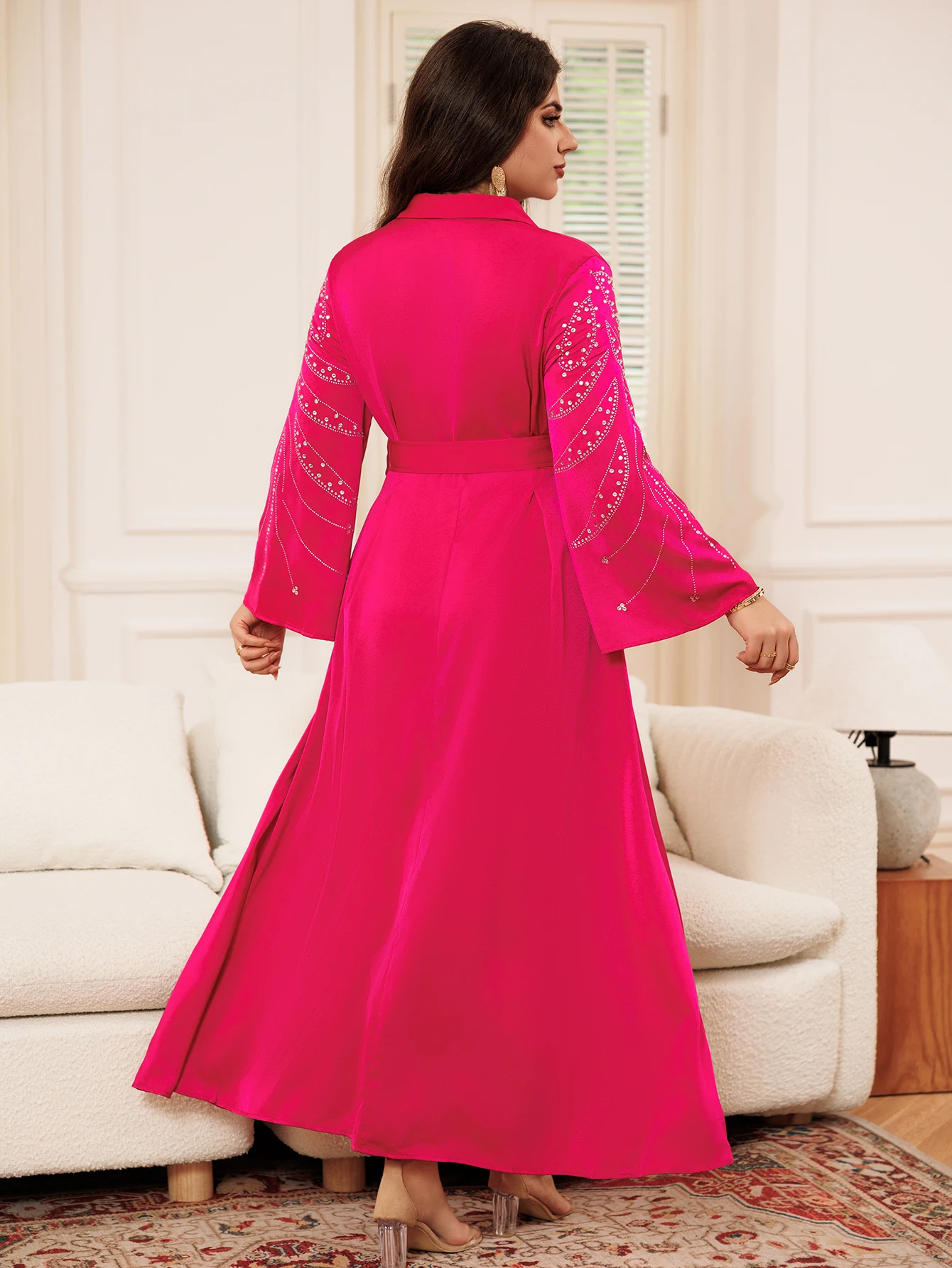 Rose Women\'s Arabic Dress Long-sleeved V-neck Rhinestone With Belt Comfortable And Elegant Loose For Party Abaya Dubai Luxury