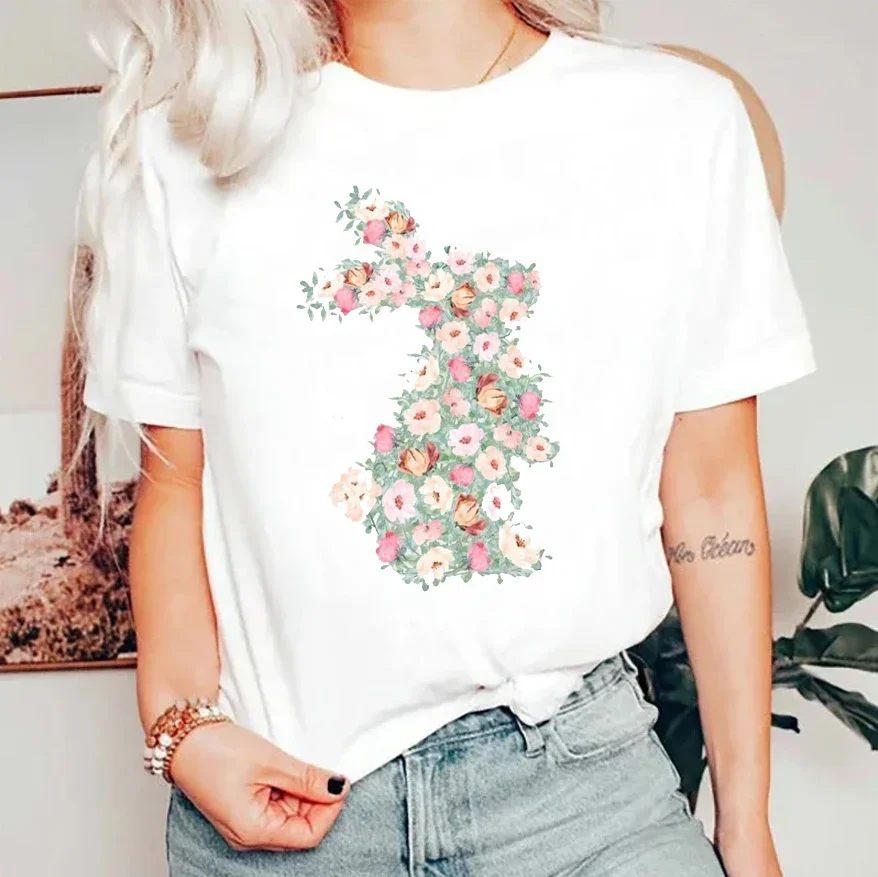 

Fashionable Women's Casual Cute Rabbit Pattern T-Shirt Watercolor Flower Trend 90s Clothing Women's Short Sleeved Printed T-Shir