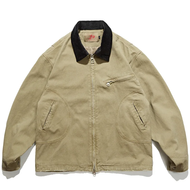 American Retro Washed Distressed Frayed Corduroy Collar Denim Patchwork Detroit Field Workwear Jacket Unisex Motorcycle Riding