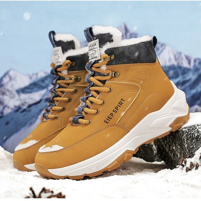 

New Winter Color-blocked Flat High-top Fleece Warm Outdoor Mountaineering Lace-up Professional Anti-slip Snow Boots