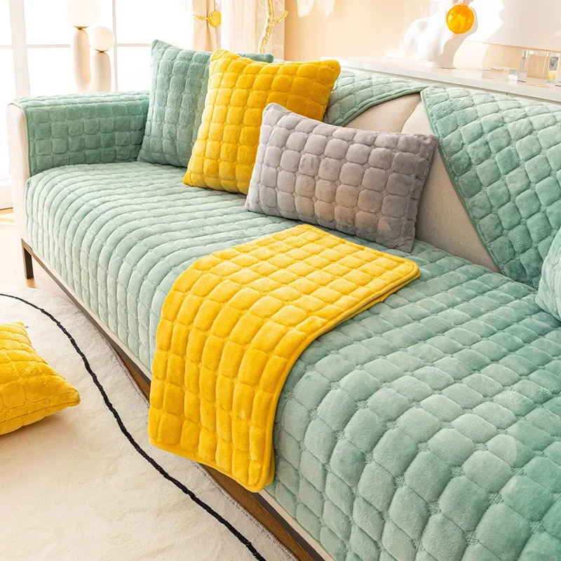 

Solid Color Flannel Sofa Cushion Thick and Simple Grid Anti Slip Couch Mat Autumn Winter Living Room Warm Decoration Blanket