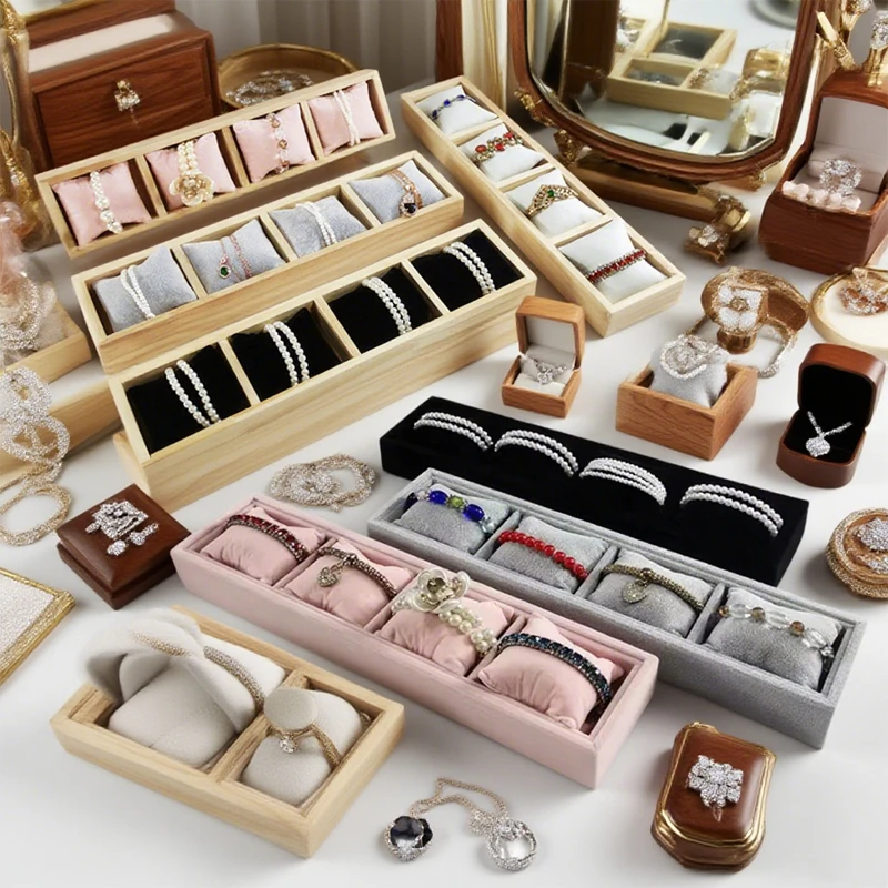 4 Grids Bamboo Wood & Velvet Jewelry Organizer Display Tray with Soft Pillow,Necklaces Bracelet Bangle Watches Storage Holder