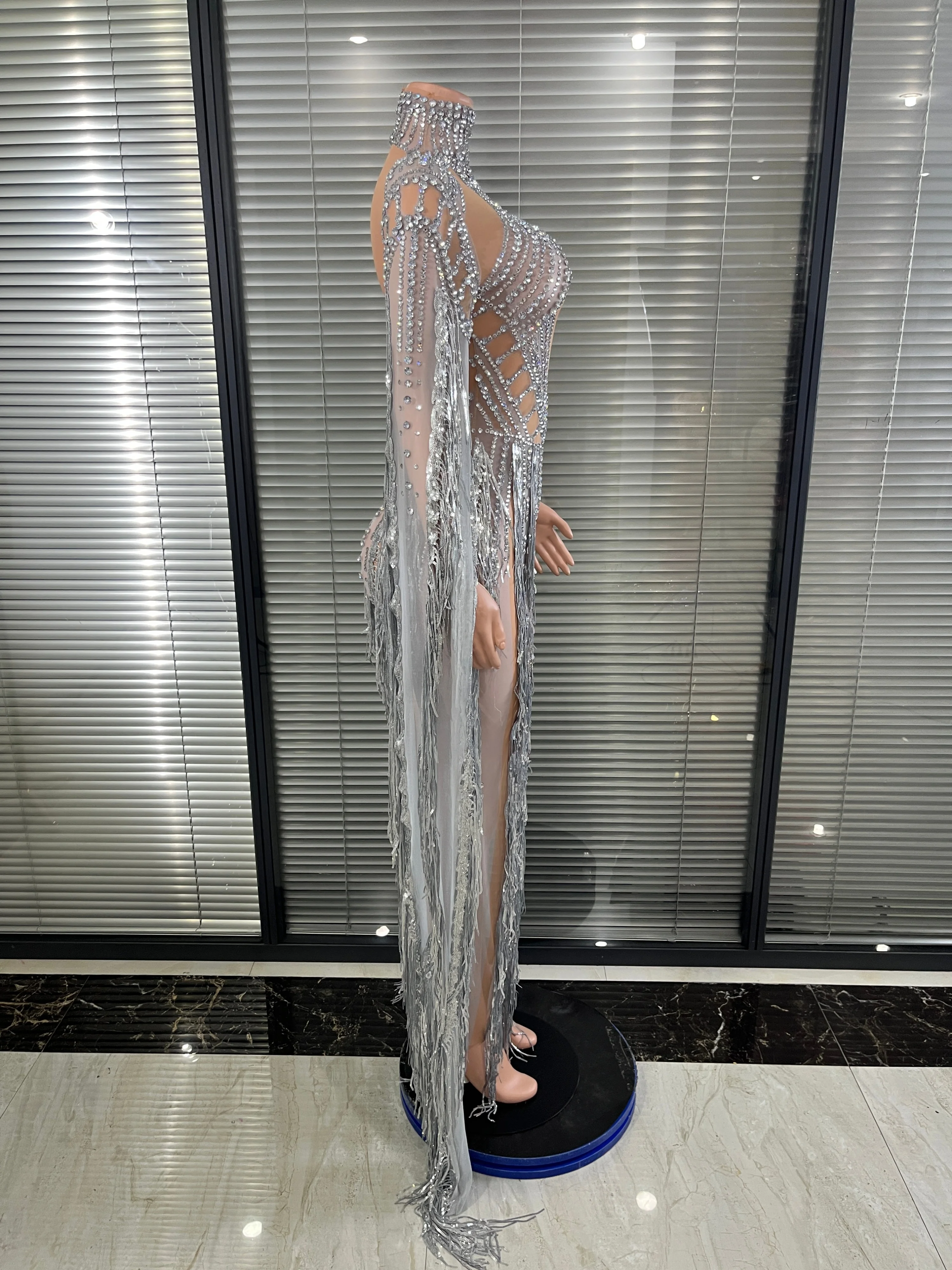 

Glamorous Silver Rhinestone Mesh Dress Tassel Fringe Floor Train Photoshoots Women Stage Performance Nightclub Party Outfi