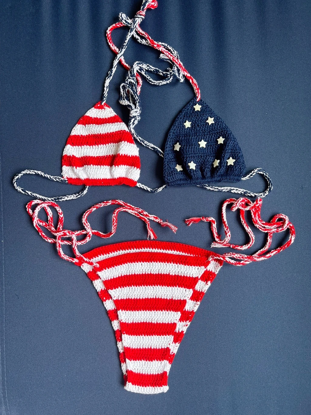 USA American Flag Bikini Bathingsuit The Stars And The Stripes Handmade Crochet Beachwear Women String Bikini Set Two-Pieces