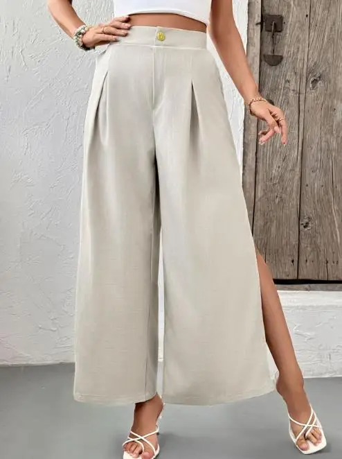 Letnie nowe spodnie z szerokimi nogawkami w jednolitym kolorze z wysokim stanem Wygodne spodnie damskie z szerokimi nogawkami w jednolitym kolorze z wysokim stanem