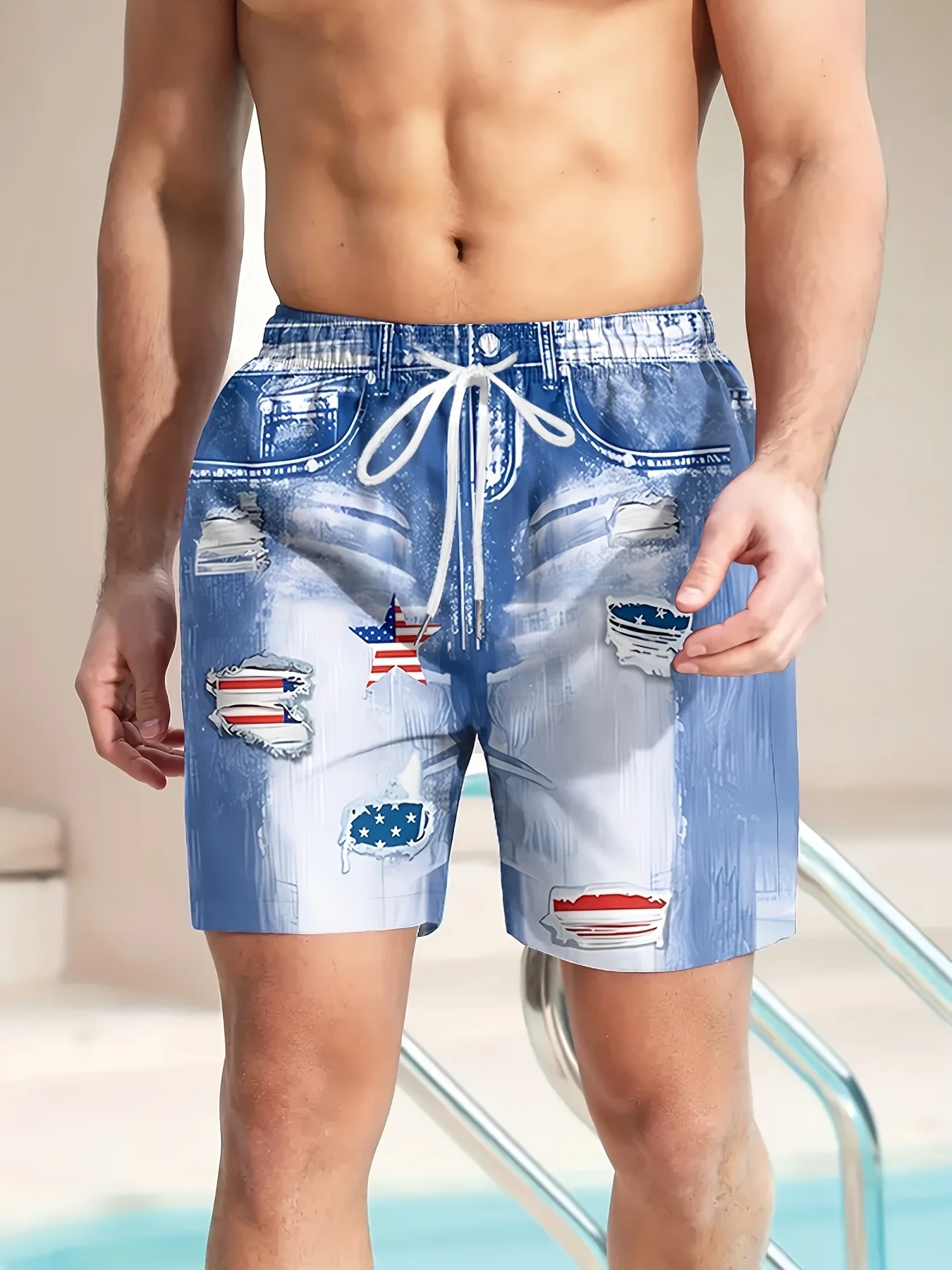 

Мужские пляжные шорты с эффектом денима, рваные, с принтом флага США, на шнурке, быстросохнущие, повседневные, для плавания, 2026