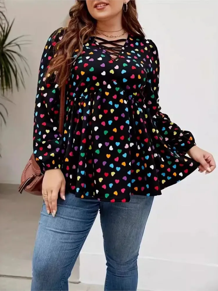 Plus Size Spring Summer Love Print Pullover Tops Women Ruffle Pleated Fashion Ladies Blouses Long Sleeve Casual Loose Woman Tops