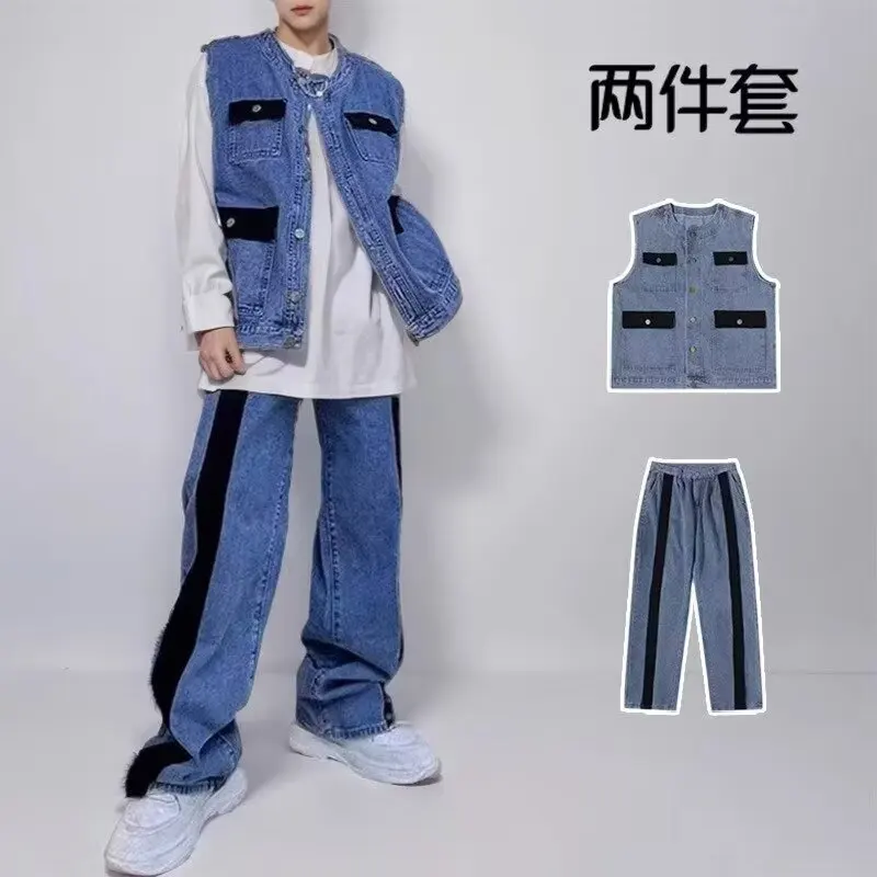 Jeans 2pcs Suit Men Trend Korean Handsome Casual Denim Vest Jacket High Street Jeans Two-piece Suit/Single Streetwear