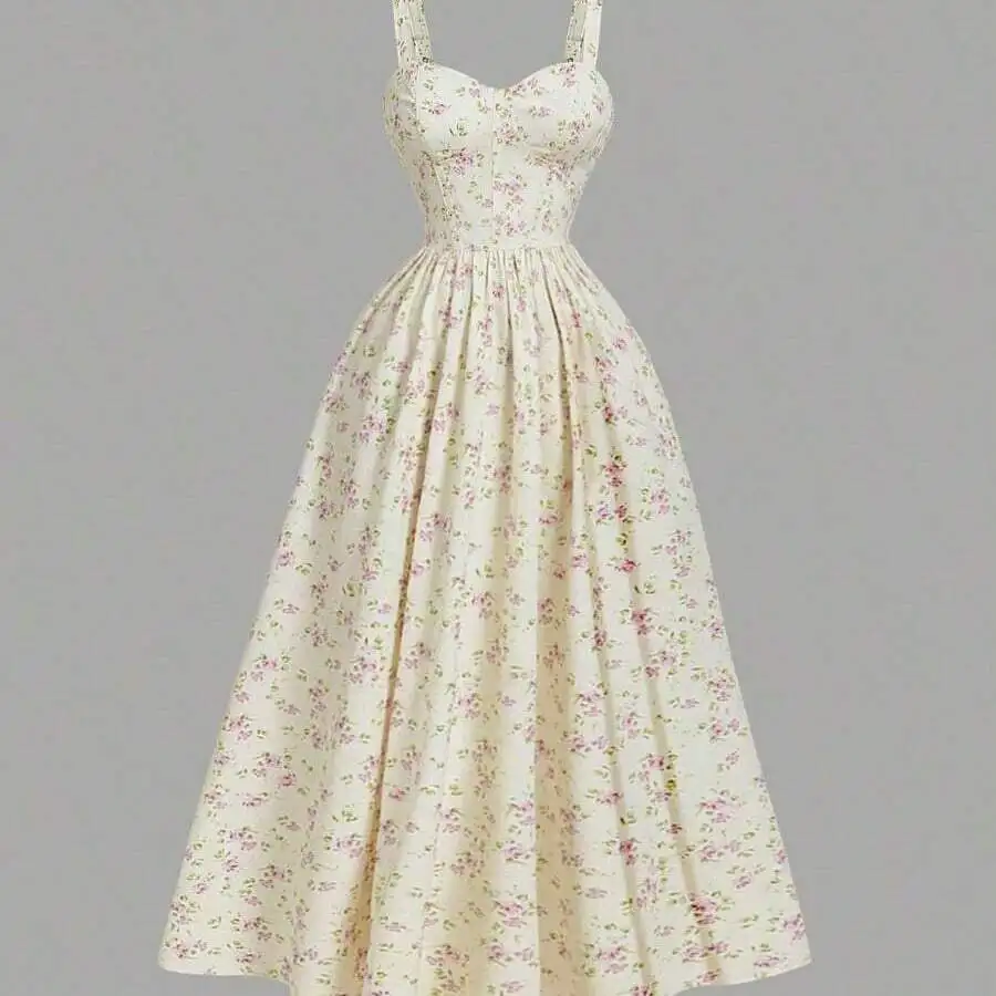 Womens Retro Floral Print Spaghetti Strap Backless A-Line Maxi Dress For Spring Summer