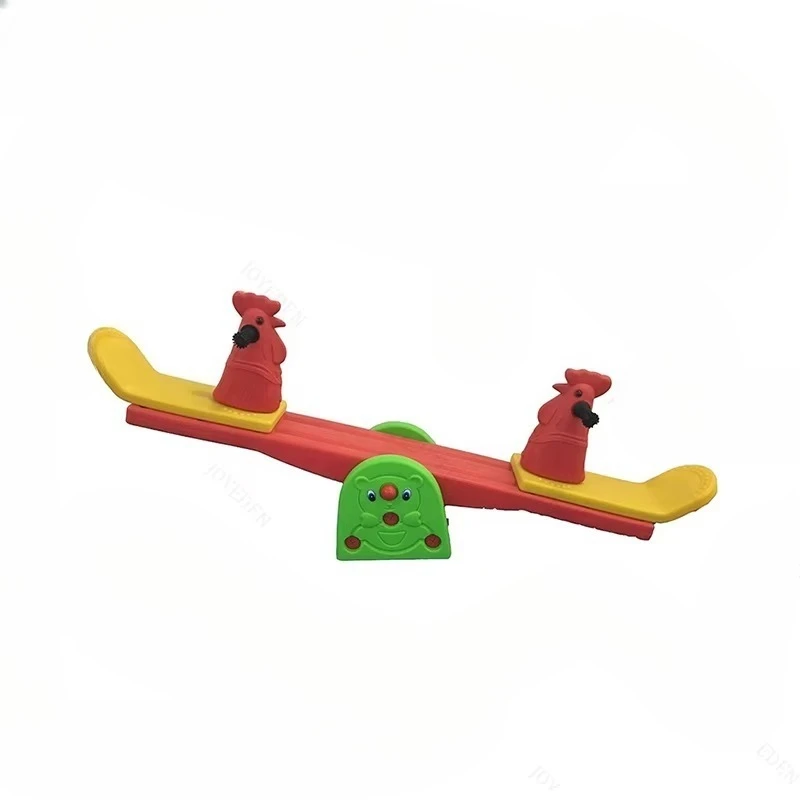 Fun cartoon outdoor playground with children swinging plastic seesaw play equipment