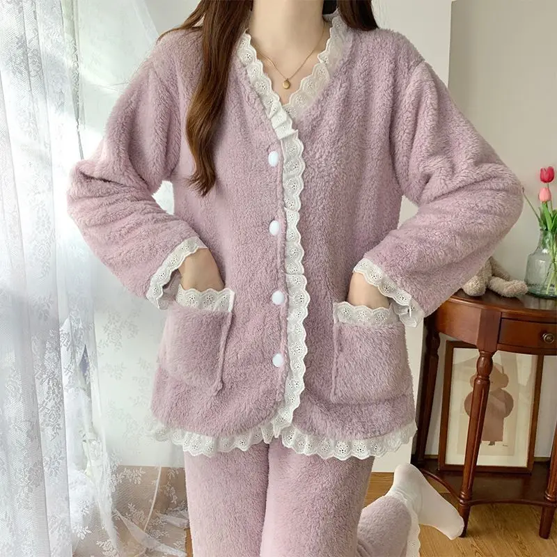 

coral fleece autumn winter Women's pajamas Korean version lace Sleepwear long sleeves suit Pajama Set thicken keep warm homewear
