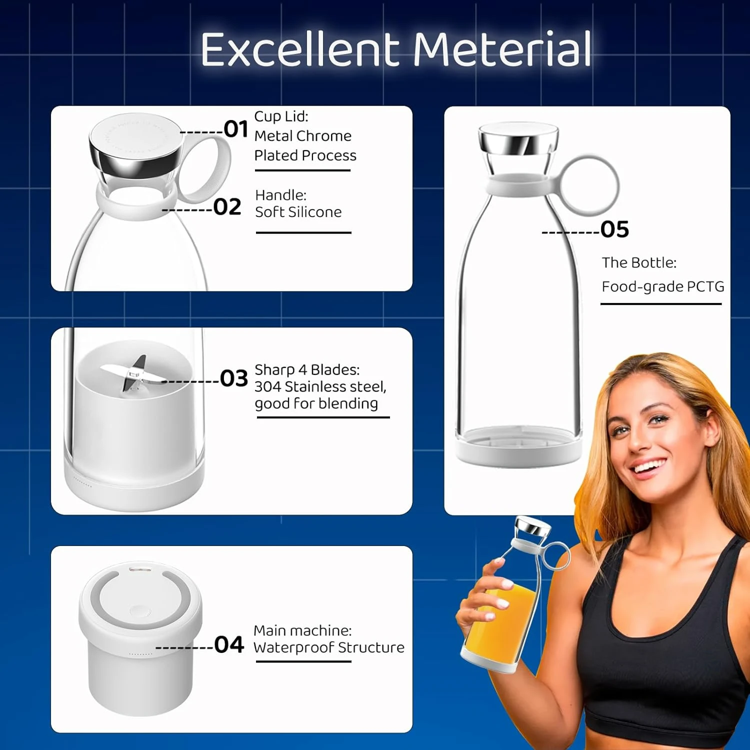 White Rechargeable Portable Blender with 4 Blades, Compact Small Blender for Smoothies and Shakes, Personal Blender with Travel