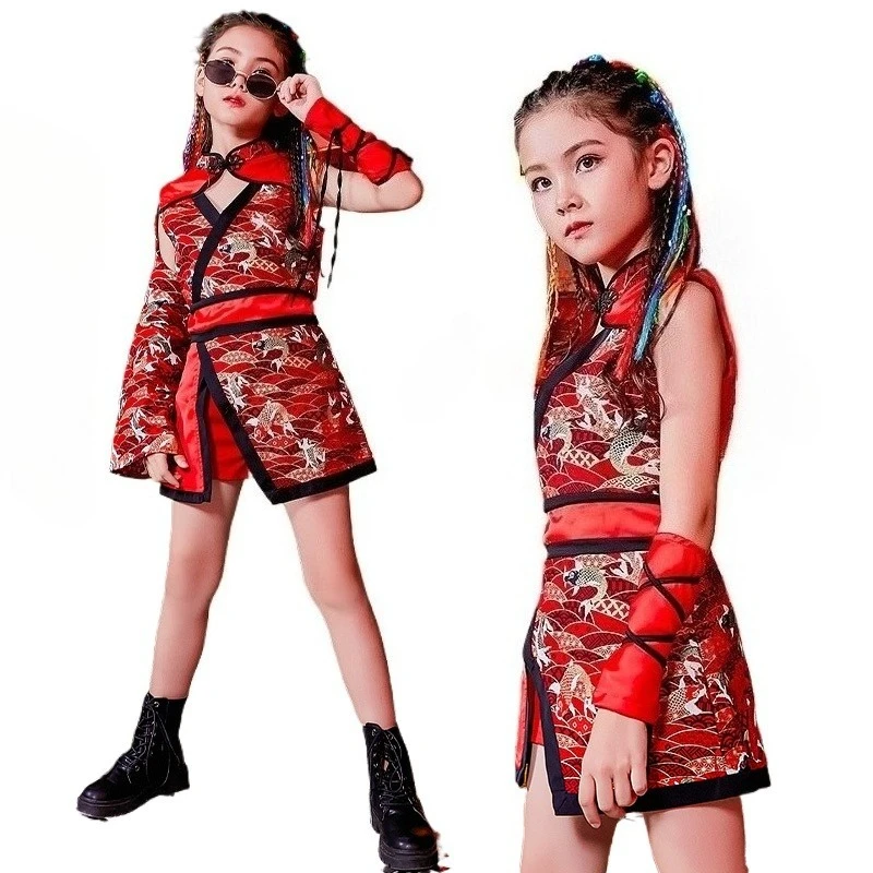

Костюм для уличного танца в китайском стиле для девочек, детский костюм для джазового танца Guochao, модель для выступлений для девочек