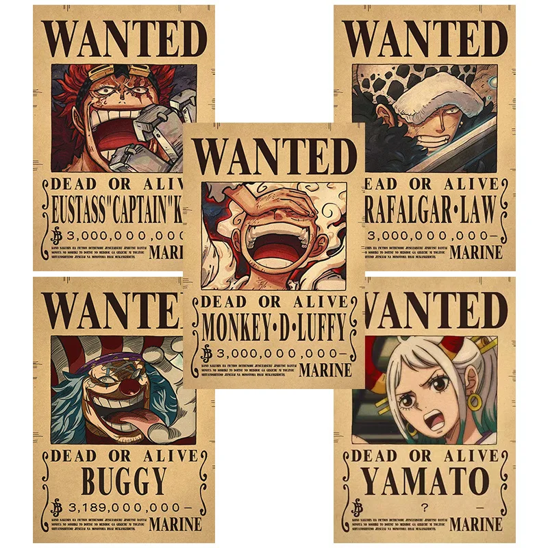 Anime Luffy Gear 5 One Pieces Bounty Wanted Posters 4 Emperors Law Kid Figures Vintage Living Room Wall Decoration Stickers Toys view 3