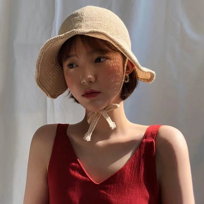 Linen Straw Regency Bonnets Hats For Women Sun Hats Bow Beach Cap Big Wide Brim Cloche Hat Up Outdoor Summer