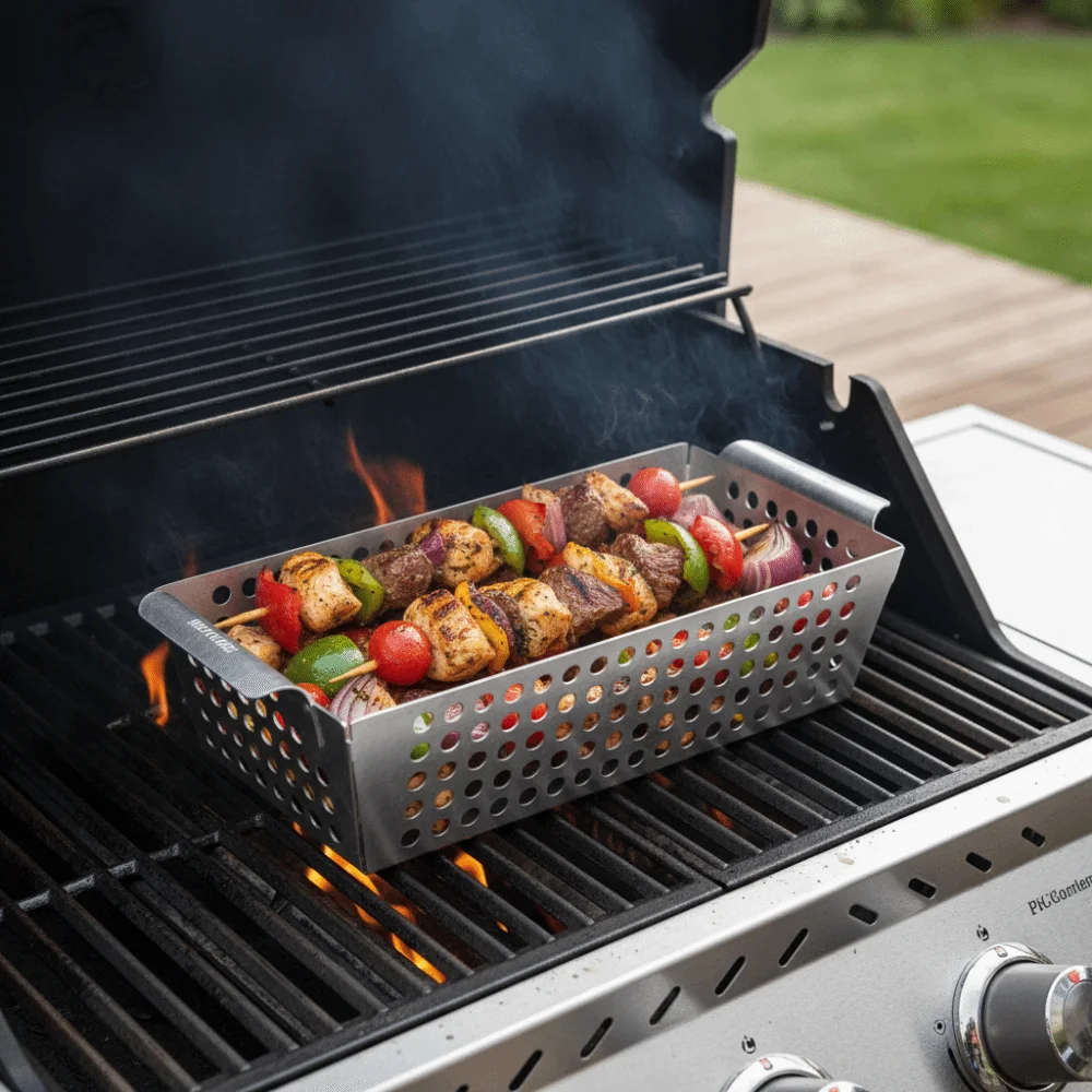 

Stainless Steel Vegetable Grill Basket Leakage Hole Design Reusable BBQ Tray Rectangular Double Handle Frying Food Holding Pan